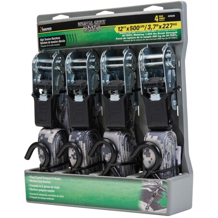 Keeper 12'X1" Ratchet Tie-Down, Digital Gray Camo, S-Hooks, 500Lbs WLL, PK4 43509